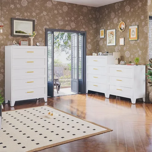 Miniatura 8 de Cómoda de Metal Alta de 53.54 Pulgadas para Dormitorio, Cómodas de Armario Blancas de 5 Cajones, Unidad Organizadora de Almacenamiento Moderna
