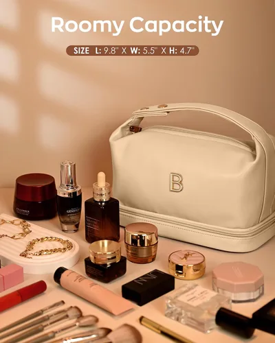 Miniatura 5 de Bolsa de maquillaje con asa, bolsa de cosméticos impermeable de doble capa, bolsas de maquillaje de cuero PU de gran capacidad con letra, bolsa