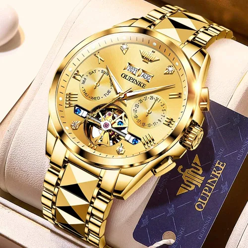 Miniatura 8 de OUPINKE - Reloj automático para hombre, diseño de esqueleto de diamante mecánico de cuerda automática, lujo, reloj de pulsera de cristal de zafiro