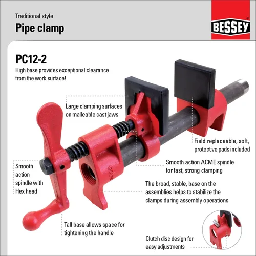 Miniatura 2 de BESSEY PC12-2 Abrazaderas de tubo de estilo tradicional de 1/2 pulgada - Abrazadera de taller increíblemente versátil, fácil de montar