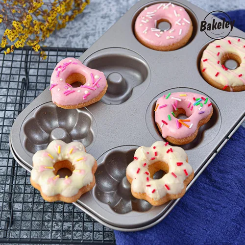 Miniatura 6 de Molde de Donas Elegante, Molde de Donas de 6 Cavidades, Molde de Bundt de Acero Resistente Antiadherente con Forma de Corazón y Flor, Redondo, Juego