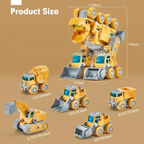 Miniatura 8 de hahaland Juguetes para niños de 5+ años - Juguetes de dinosaurio desarmables para niños, vehículos de construcción 5 en 1 se transforman