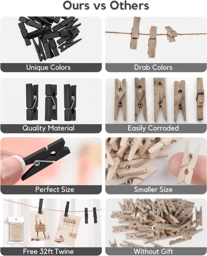 Miniatura 2 de Mini prendedores para fotos, pinzas pequeñas de color negro, paquete de 100 clips de madera arcoíris coloridos con cuerda de 32 pies