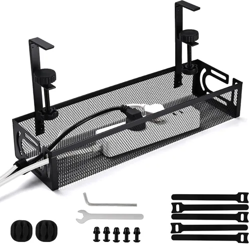 Bandeja de Gestión de Cables para Debajo del Escritorio Pequeña – Organizador de Cables con Soporte de Abrazadera y Gestión de Cables para Debajo