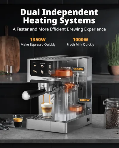 Miniatura 2 de AIRMSEN Máquina de café expreso de 20 bares con espumador automático de leche, cafetera de capuchino y latte con caldera doble de preparación rápida