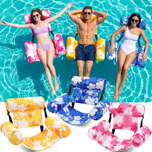 Miniatura 11 de Paquete de 3 flotadores inflables para piscina, sillas flotantes para adultos, hamaca ajustable, silla flotante de agua, natación, patrón de plantas