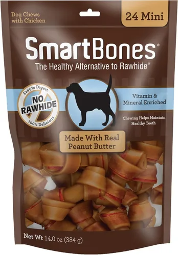 SmartBones Mini masticables con mantequilla de maní real, 24 unidades, masticables sin piel cruda para perros (el embalaje puede variar)