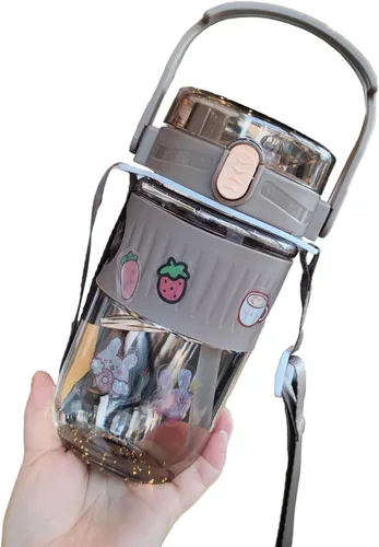 Miniatura 7 de Botella de agua kawaii con pajita, botella de agua portátil de plástico de gran capacidad con bonitas calcomanías (rosa, 23.1 fl oz)