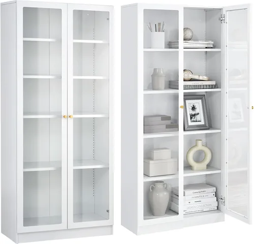 Miniatura 15 de IRONMIX - Vitrina de exhibición moderna con puertas, gabinete curio de metal con estantes, vitrinas de 180 cm de alto para coleccionables