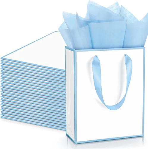 Miniatura 34 de Yeaqee Paquete de 24 bolsas de regalo de papel metálico con asa y papel de seda de 9 x 7 x 3.1 pulgadas, bolsas de favor de bienvenida con papel