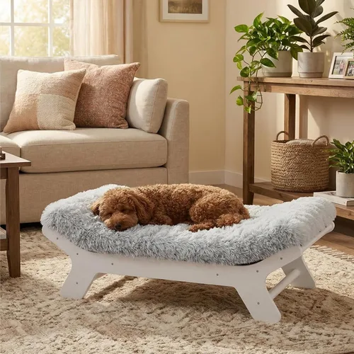 Miniatura 10 de Muihood Marco de cama elevado de madera para perro y colchón de espuma para jaula de huevos, lujoso adecuado para mascotas de hasta 45 libras