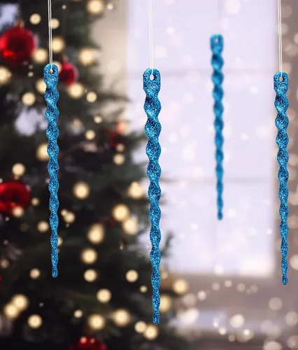 Miniatura 4 de AMS Adornos de carámbanos de plástico con purpurina brillante, 30 piezas de carámbanos torcidos, decoración para árbol de Navidad y colgar en Azul