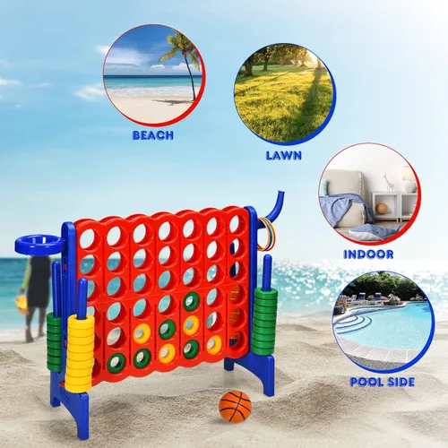 Miniatura 8 de HONEY JOY Juego gigante gigante de 4 a puntuación, 3 en 1 para interiores y exteriores, juego de patio familiar con aro de baloncesto y lanzamiento