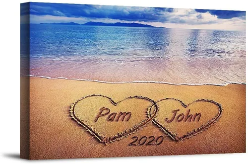 Miniatura 10 de Corazón y corazón en hermoso amanecer fotos personalizadas únicas o impresiones en lienzo con nombres de pareja y fecha especial en la playa, regalo