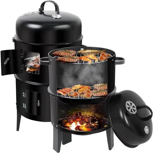 Shikha Ahumador de barbacoa de carbón de 17 pulgadas con rejillas de dos niveles y termómetro al aire libre para fiestas en casa, humo vertical,