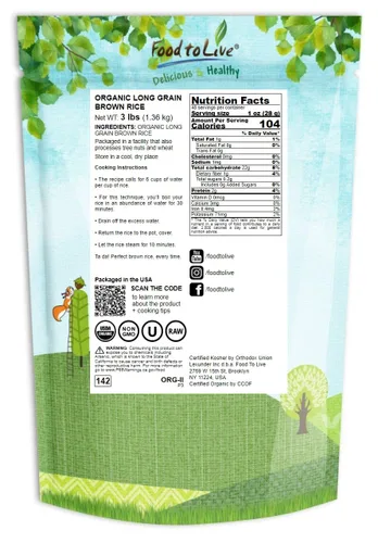 Miniatura 2 de Arroz integral orgánico de grano largo, 3 libras, sin OMG, grano entero, crudo, no irradiado, kosher, vegano, a granel. Buena fuente de fibra