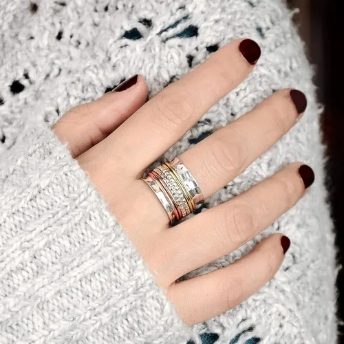 Miniatura 6 de Boho-Magic Anillo giratorio de plata de ley 925 con anillos antiestrés de latón y cobre para mujer de banda ancha