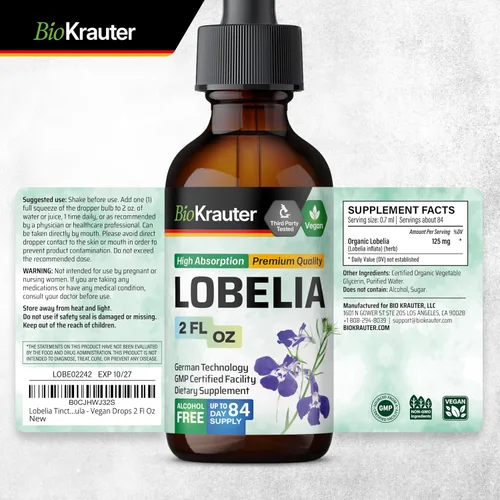 Miniatura 8 de BIO KRAUTER Lobelia Tintura para limpieza y desintoxicación pulmonar – Extracto líquido de hierba de lobelia vegana pura – 2 onzas líquidas. 84 días