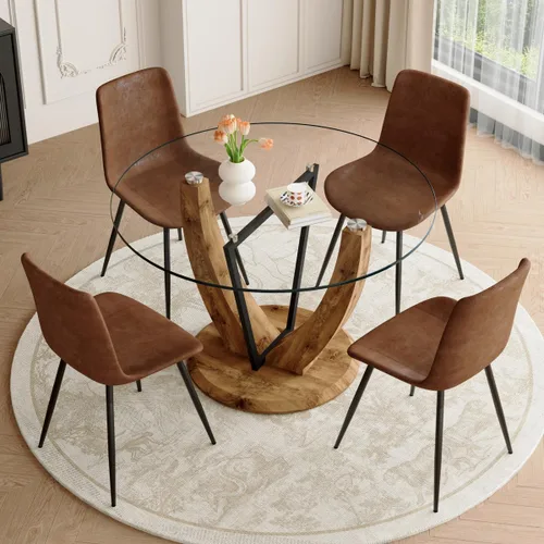 Miniatura 21 de Juego de mesa de comedor redonda para 4, mesa moderna de 48" con tapa de mármol sintético falso y pedestal brillante negro, juego de mesa de cocina