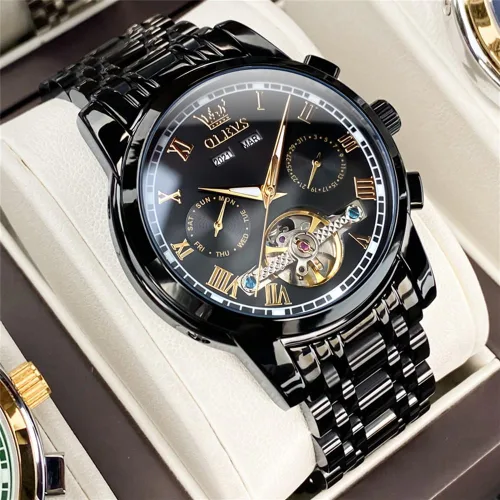 Miniatura 8 de OLEVS Reloj automático para hombre, cuerda automática, mecánica, de lujo, de acero inoxidable, multicalendario, impermeable, luminoso, reloj