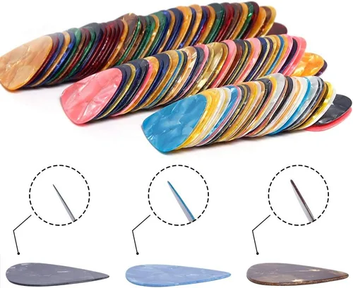 Augshy - Púas para guitarra, paquete de 150 unidades de variedad de púas de celuloide premium, calibres delgados, medianos y pesados para guitarra