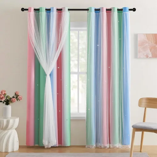 Miniatura 38 de XiDi Cortinas opacas con estrellas para habitaciones de niños, cortinas verdes para ventana de dormitorio de niños, azul y gris, 52 pulgadas de Azul