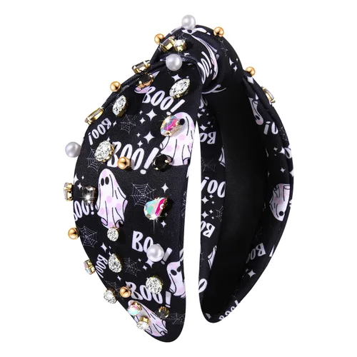 Miniatura 11 de PHALIN Diadema de Halloween para mujer, accesorios de Halloween con diamantes de imitación, caramelo, calabaza, fantasma, diadema anudada