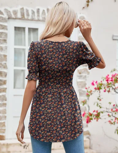 Miniatura 6 de LOMON Túnicas de mujer con cuello cuadrado, manga corta abombada, blusa peplum para mujer, camisetas 2024 primavera verano S-XL