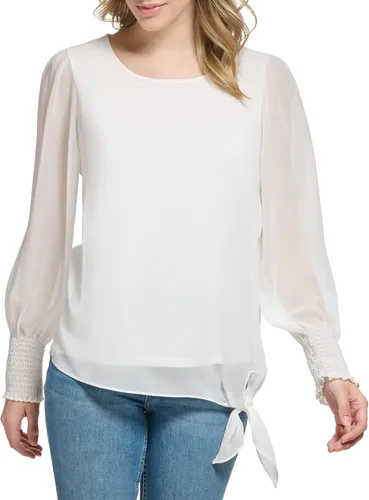 Miniatura 2 de Calvin Klein Blusa de manga fruncida con dobladillo de nudo mate para mujer