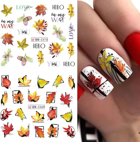 Miniatura 2 de Calcomanías holográficas para arte de uñas, diseños holográficos de transferencia de agua de hoja de arce de otoño, hojas de otoño, hongos
