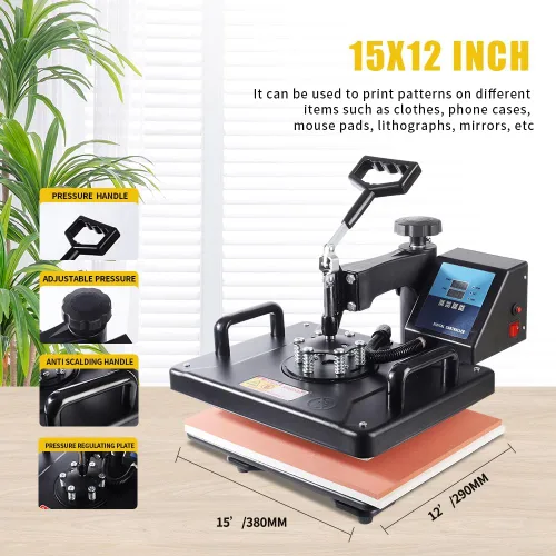 Miniatura 5 de Máquina de prensa de calor 15 en 1 mejorada para camisetas, sombreros, tazas, bolígrafos y más prensa de calor de 12 x 15 pulgadas, rotación de 360