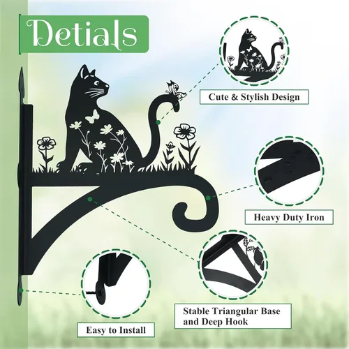 Miniatura 3 de Ganchos decorativos de hierro resistente para plantas, para exteriores, con silueta de gato, ganchos para colgar cestas colgantes de 11 pulgadas