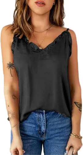 Camiseta sin mangas de verano con tirantes delgados y ribete de encaje, con cuello en V y dobladillo suelto para citas diarias