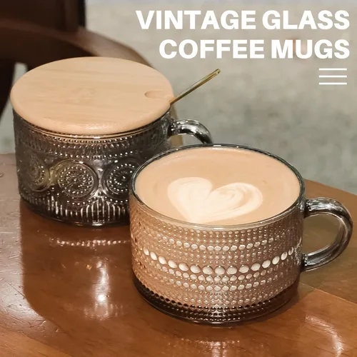 Miniatura 2 de Tazas de café de vidrio vintage, juego de 2 tazas de té de cristal en relieve de 14 onzas para desayuno, postre, capuchino, latte, cereales, yogur