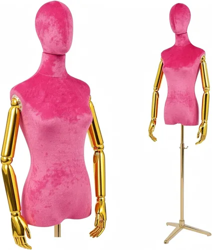 Rose Red Velvet Dress Form Mannequin - Adjustable Height 63-80" Female Torso with Gold Tripod Stand & Detachable Base for Bridal Shop, Clothing