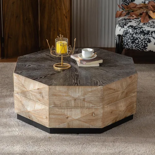 Miniatura 17 de Mesa de centro de madera para sala de estar, mesa de centro de artesanía vintage de granja, mesa de centro curvada de diseño Art Deco, mesas de té