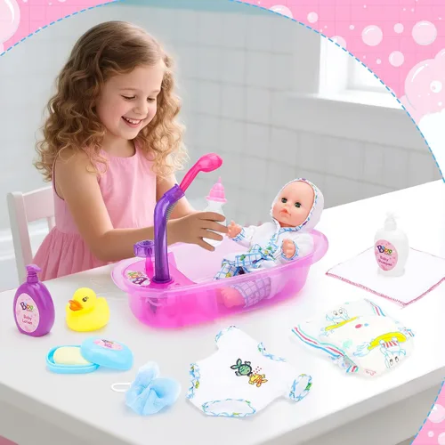 Miniatura 2 de deAO Juego de muñeca bebé, juego de muñeca de 13 pulgadas para hora del baño con spray de ducha funcional y accesorios para niños, muñeca bebé