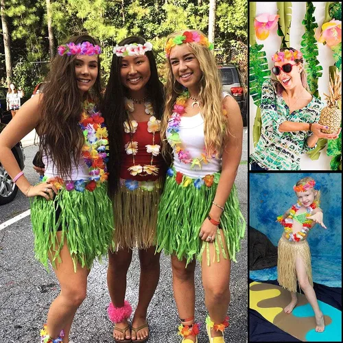 Miniatura 3 de 30 faldas de hierba hawaianas Luau Hula faldas hawaianas Leis flores, faldas de hierba, diadema, muñequeras, falda de hula tropical para niñas