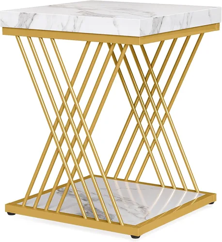 Miniatura 8 de Tribesigns Mesa auxiliar cuadrada de oro blanco, mesa auxiliar de 2 niveles, moderna y pequeña, con almacenamiento para sofá, sillas con marco