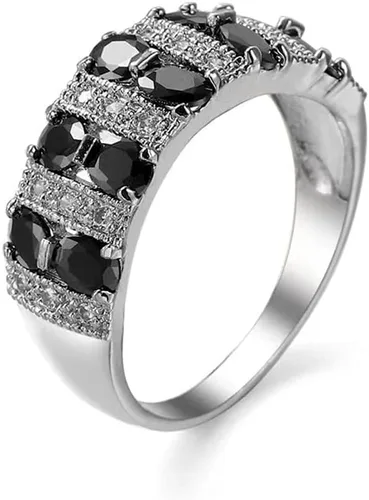 WTH OYE Anillo completo de plata de ley 925 con diamantes de ónix negro brillante, corte ovalado, circonita cúbica, anillos de compromiso de