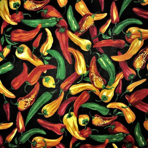SAL TEX FABRICS, Colorido Hot CHILIS polialgodón impresión tela fondo blanco o fondo negro, vende por yarda (negro)