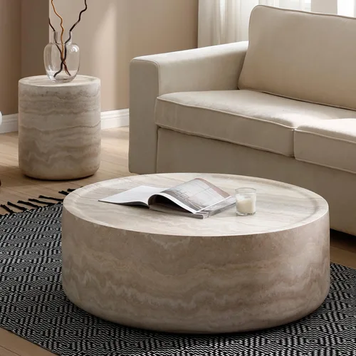 Miniatura 26 de Ø35.43'' Mesa de café redonda para sala de estar, moderna mesa de café en forma de tambor, material de fibra de vidrio, sin ensamblaje, beige