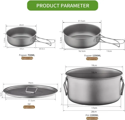 Miniatura 8 de BY-J Utensilios de cocina de titanio para camping, 74.4 fl oz+40.6 fl oz+23.7 fl oz de titanio con tapa y espátula de acero inoxidable, utensilios