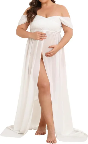 Miniatura 2 de Vestido de maternidad para fotografía con hombros descubiertos, vestido de gasa con abertura frontal, maxi vestidos de embarazo para sesión de fotos