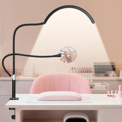 Half Moon Desk Lash Light with 2X Magnifier, 2-in-1 Dual Arm Gooseneck Clamp Lamp for Eyelash Extension, Shadow-Free Esthetician Light, Adjustable