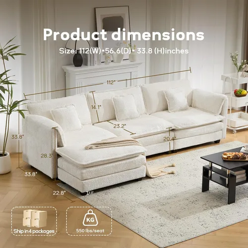 Miniatura 2 de Sofá modular de nube modular de 112 pulgadas con otomana móvil, sofás en forma de L para sala de estar, cómodo sofá de 3 plazas con funda extraíble