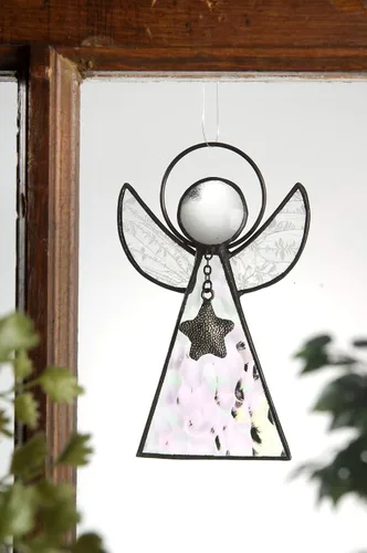 Miniatura 2 de J Devlin Glass Art Adorno de ángel de vidrieras – Atrapasoles de vidrio iridiscente con alas texturizadas transparentes y acento de estrella