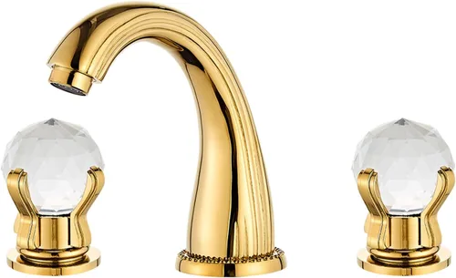 Grifo de lavabo de baño de 3 agujeros montado en la cubierta de latón generalizado grifo de baño manija de cristal grifo mezclador oro Ti-PVD