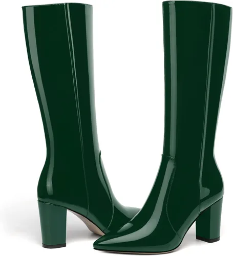 Miniatura 34 de AMBELIGHT Botas altas hasta la rodilla con cremallera y puntera puntiaguda para mujer, de patente sólida, tacón alto, 3.3 pulgadas