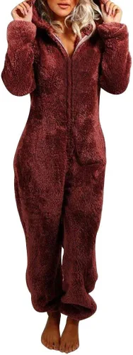 Miniatura 5 de Pijama de forro polar para mujer, mameluco cálido de sherpa, ropa de dormir de una pieza con cremallera y capucha